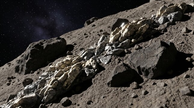 Asteroid with exposed metallic ore veins and rocky surface texture in deep space with star field background for mineral exploration theme detailed
