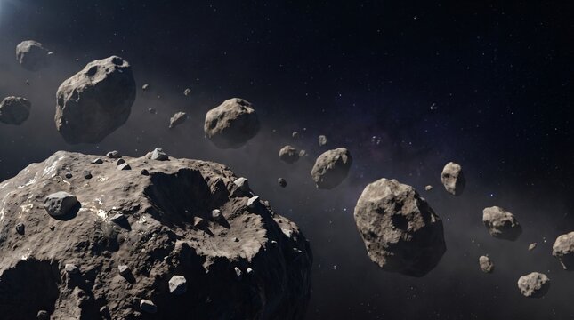 Multiple asteroids drifting in deep space with rocky texture and metallic glints against dark star field for cosmic resource detailed concept scene