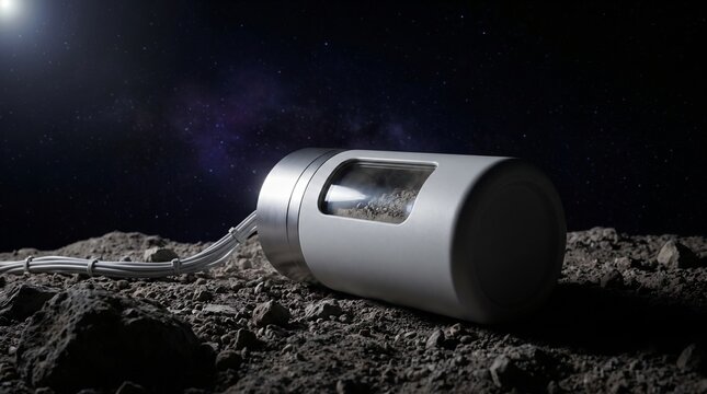 Asteroid sample collection container on rocky surface in deep space with star field background and metallic ore glints for space mining detailed