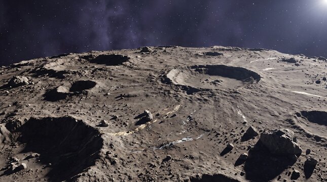 Asteroid surface with craters and rocky texture close up in deep space with subtle metallic ore glints for cosmic geology exploration detailed