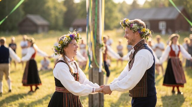 Couple celebrating traditional Swedish Midsommar festival in sunny outdoor setting