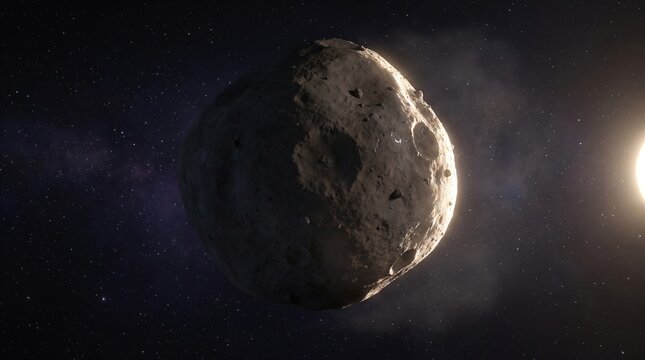 Asteroid glowing against distant sun in deep space with rocky surface texture and star field background for cosmic exploration detailed scene