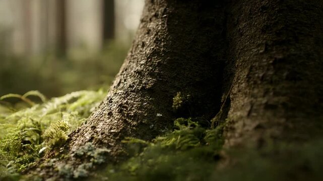 Moss and ferns surround textured tree trunks on a peaceful forest floor. Nature documentaries, forest conservation campaigns, and environmental education.