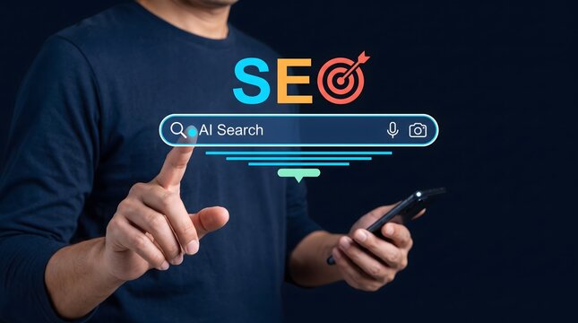 SEO optimization and digital marketing concept photo. Businessman touching AI search bar on digital screen. Target and search icons floating on dark background