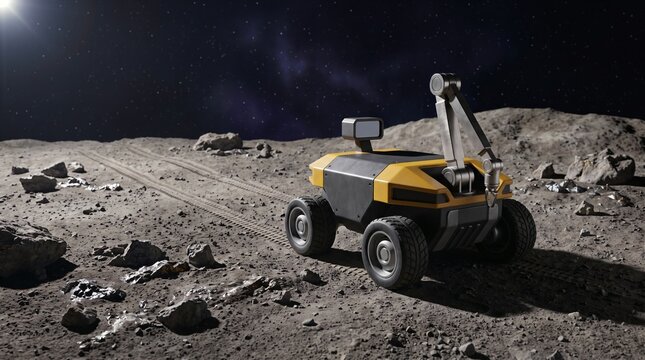 Space mining rover on asteroid surface in deep space with rocky terrain and metallic ore glints with star field background for cosmic industry detailed