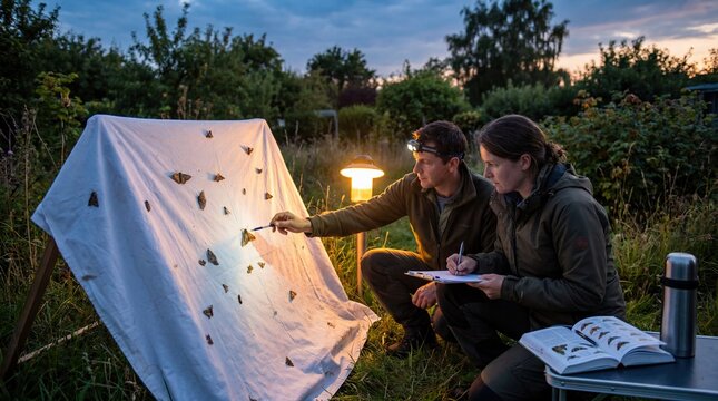 Couple observing moths at twilight in outdoor nature study session