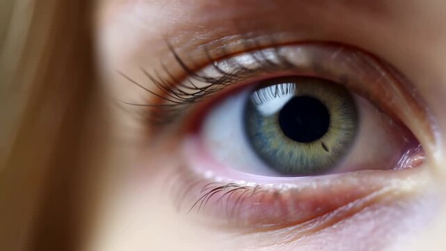 Human eye close-up with green iris, pupil, eyelashes and subtle eye movement in a macro facial view. Eye care advertising, optometry services, and ophthalmology education.
