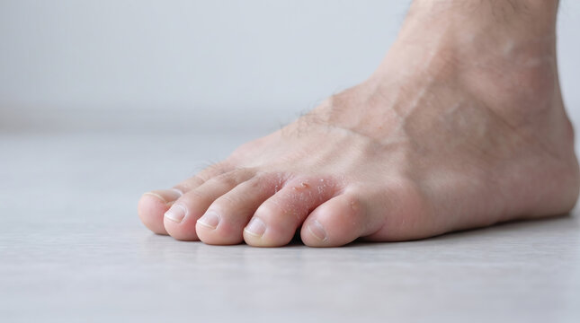 足の指に水疱や皮膚のめくれが生じた足白癬や皮膚炎のイメージ
