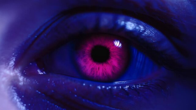 Human eye opening and blinking in an extreme close-up under blue, purple and magenta studio lighting. Beauty advertising, cosmetics campaigns, and fashion editorial.