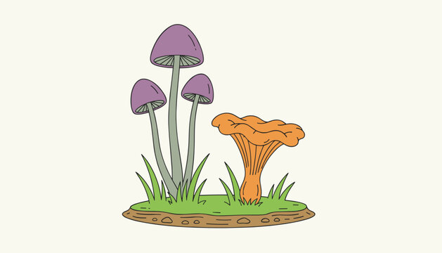 Wild forest mushrooms including tall purple fungi and a golden chanterelle grow in a patch of green grass.