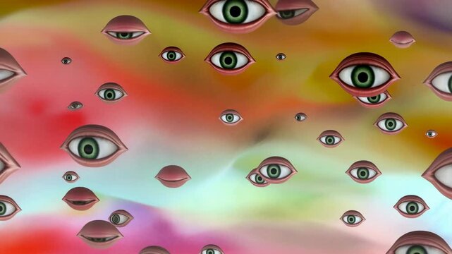 Floating eyes and lips drift across a colorful surreal gradient field. Experimental art projects, dream sequence design, and creative event screens.