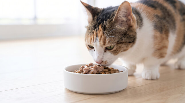 皿からキャットフードを食べる三毛猫の食事風景