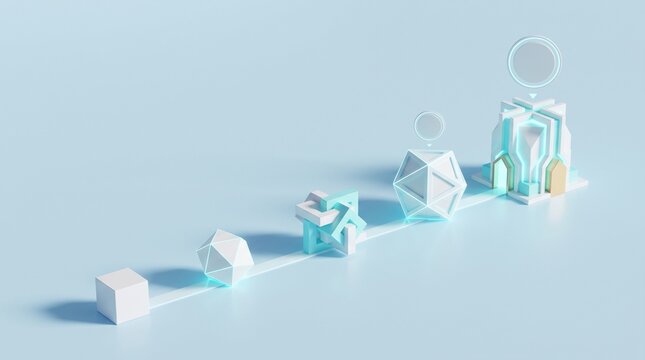 Isometric 3D Render Representing Evolution of Complexity from Simple Geometric Cube to Futuristic Digital Building