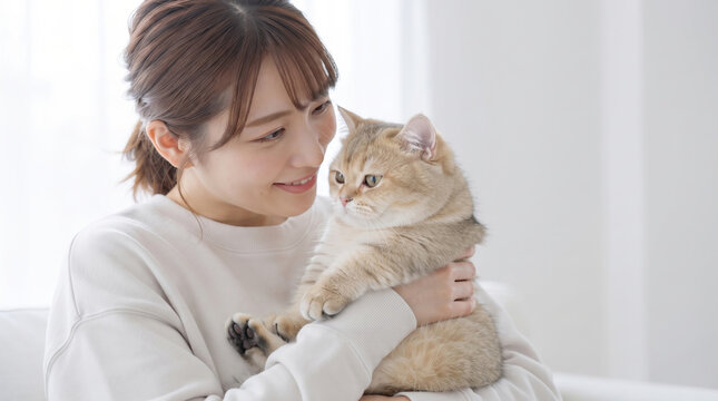 部屋で愛猫を優しく抱きしめる若い女性