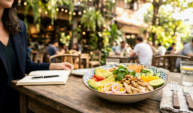Two people having a business meeting over lunch at a vibrant outdoor caf&eacute;. In the foreground, a beautifully plated Thai mixed vegetable and fruit salad