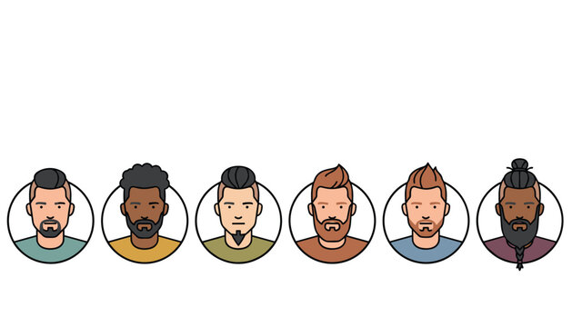 Set of six male avatar icons showing different hairstyles, beard cuts, facial hair, and ethnic backgrounds on a white background.