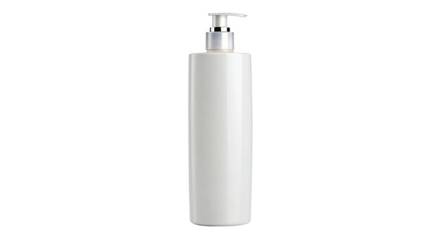 Blank white plastic cosmetic dispenser pump bottle packaging isolated on transparent background.
