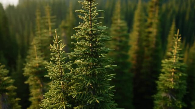 Young evergreen trees grow densely in a natural forest with shallow depth of field. Forestry education, forest conservation campaigns, and reforestation communication.
