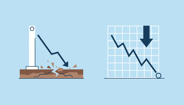 Financial charts showing a dramatic decline with a falling arrow crashing into the ground and a negative line graph.