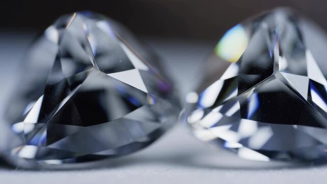 Faceted gemstones rest on a smooth studio surface as reflections and refracted light shift. Jewelry advertising, luxury retail campaigns, and gemstone catalog presentation.