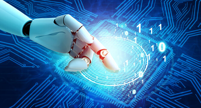 Robotic hand touching a central computer processor amid flowing digital blue binary code.