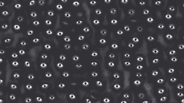 Surreal eyes and shadowy faces shift across a dark monochrome textured field. Horror title sequences, thriller productions, and surveillance-themed media.