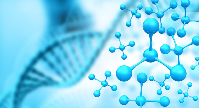 Scientific blue background featuring a detailed double helix DNA strand surrounded by atoms and molecules.