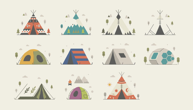 Collection of various colorful camping tents and native american teepees isolated on light beige background.