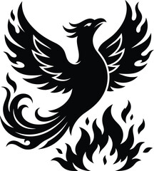 Fototapeta premium Phoenix Bird Rising Silhouette – Mythological Firebird Rebirth & Flame Icon, Black Cutout Legendary Flying Bird Vector, Isolated on White