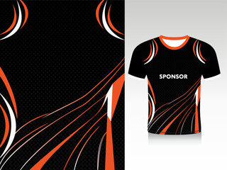 Professional athletic sportswear t-shirt layout featuring abstract geometric orange and white wave lines on a dark black background, ready for sublimation print. © MdRezabul