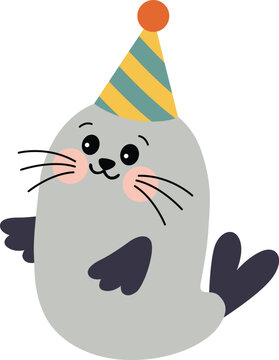 Cute Little Seal Wearing A Colorful Party Hat