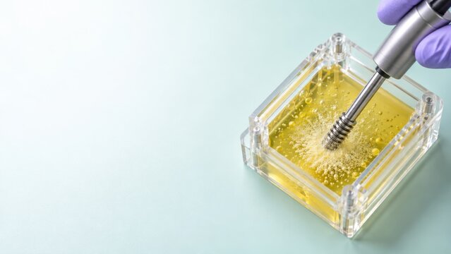 Laboratory magnetic stirrer mixing yellow liquid in clear square container with gloved hand