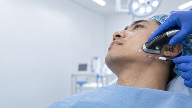 Close up of male patient receiving high frequency facial skin treatment in modern medical clinic