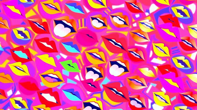 Animated colorful lips pattern fills a flat geometric pop art background. Fashion campaign, beauty advertising, and cosmetics promotion.