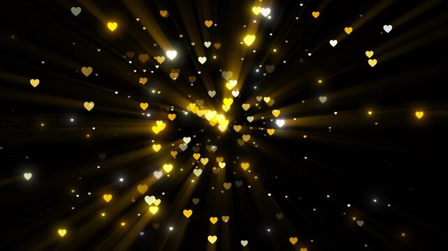 Glowing hearts radiate from black background with warm light beams. for Valentine's Day, weddings, anniversaries, proposals, romantic greetings, love stories, engagement films, and celebration video.