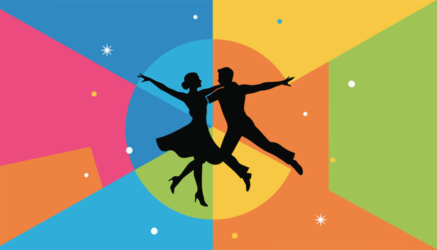 Black silhouette of a ballroom dancing couple over a vibrant geometric background with colorful angular sections.