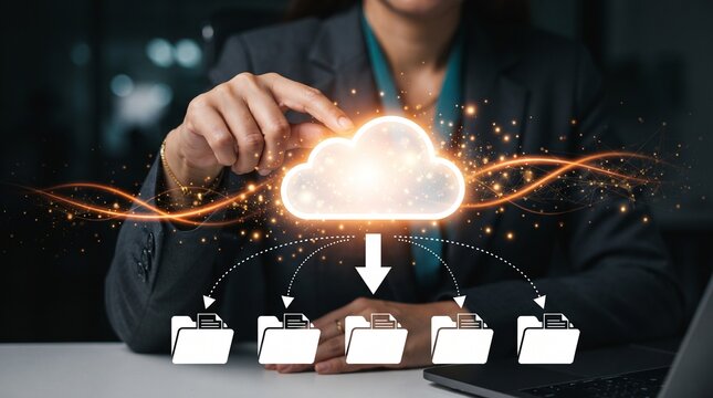 Business professional managing digital file storage in a cloud computing network system with file management network technology data cloud information technology