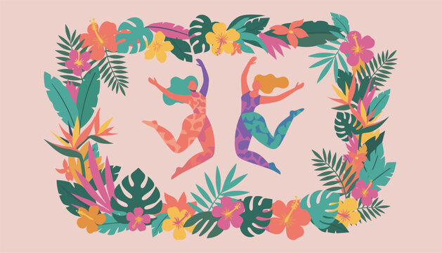 Two happy carefree women dancing and jumping in joy inside a lush colorful frame of tropical flowers and palm leaves.