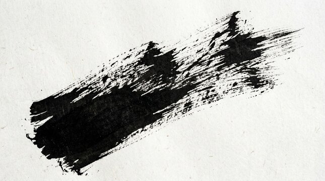 Black ink brush stroke on textured white paper, artistic abstract background