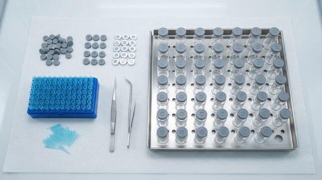 Sterile pharmaceutical vials, lyophilization trays, stoppers and forceps arranged in a cleanroom for biotech manufacturing.