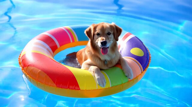 Happy dog floating in a colorful inflatable ring on a sunny swimming pool. Pet care marketing, summer travel promotion, and pool safety education.