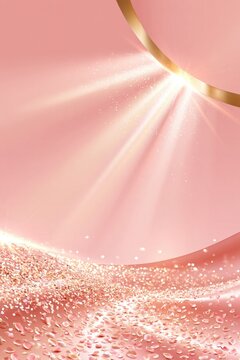Soft pink abstract background with golden light rays, glitter particles and scattered rose petals, elegant and romantic mood