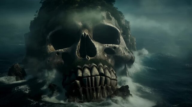 Skull-shaped island rises from turbulent ocean beneath storm clouds. Fantasy trailer, horror game environment, and film title sequence.