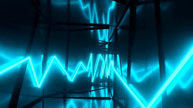 Neon zigzag light travels through a dark reflective geometric tunnel. Technology presentation, finance and market graphics, and data analytics media.