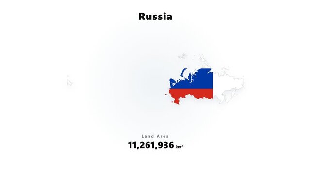Russia map silhouette with horizontal tricolor bands and readable population statistic on pale background, graphic layout for geography and news education theme