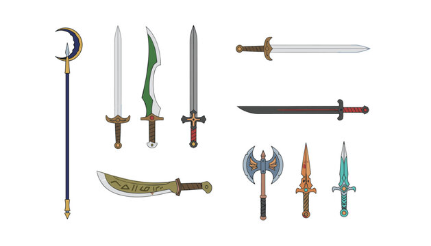 Array of medieval fantasy weapons including a crescent staff, various swords, daggers, and a double-headed battle axe.