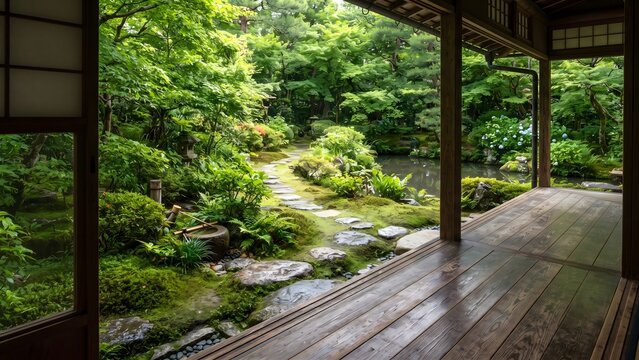 Traditional Japanese Veranda Overlooking a Lush Garden with a Pond and Stone Path