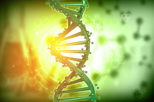 Scientific green background featuring a detailed double helix DNA strand and abstract molecules