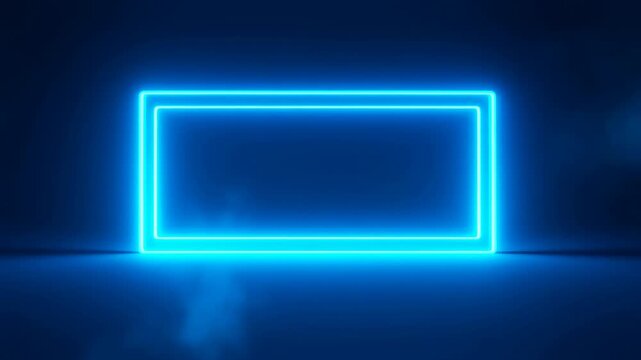 Glowing cyan neon rectangle frame in a dark hazy studio with drifting smoke. Technology presentations, digital title sequences, and event screen.