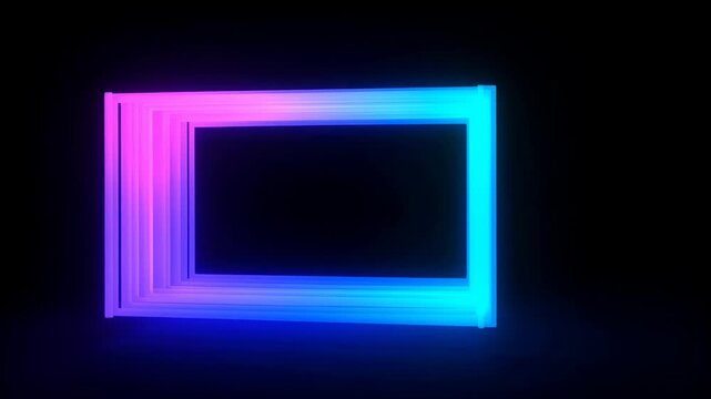 Neon rectangular frames assemble and shift across a dark abstract digital space. Technology presentation, digital title sequence, and event screen design.